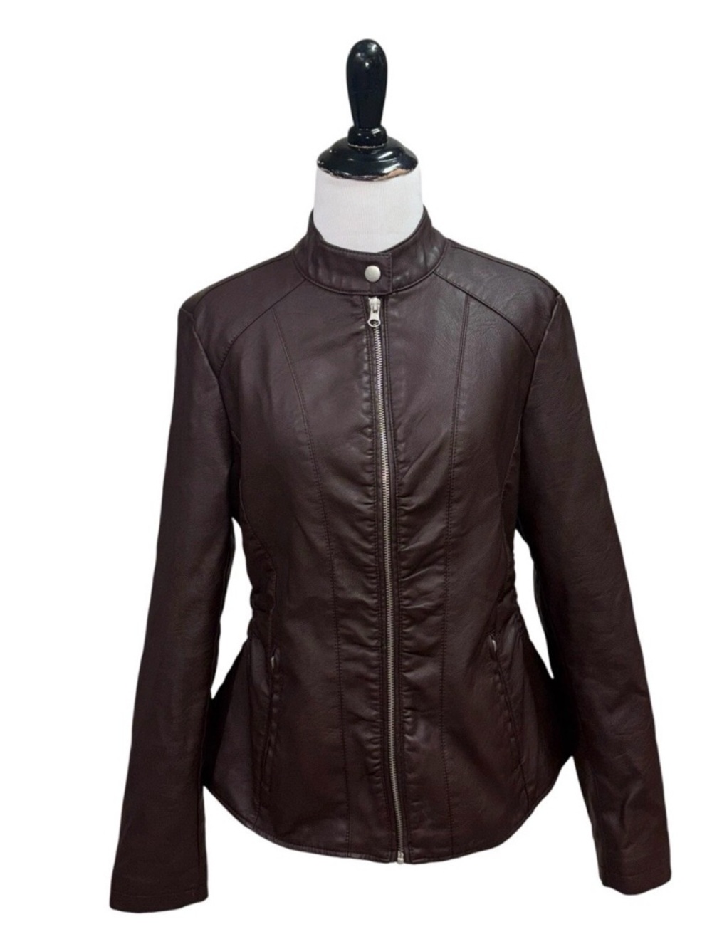 Baccini Women's M Medium Faux Leather Moto Jacket Brown Fitted Lightweight